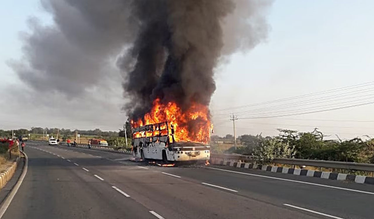 Hyderabad: Private bus gutted in fire at Medchal