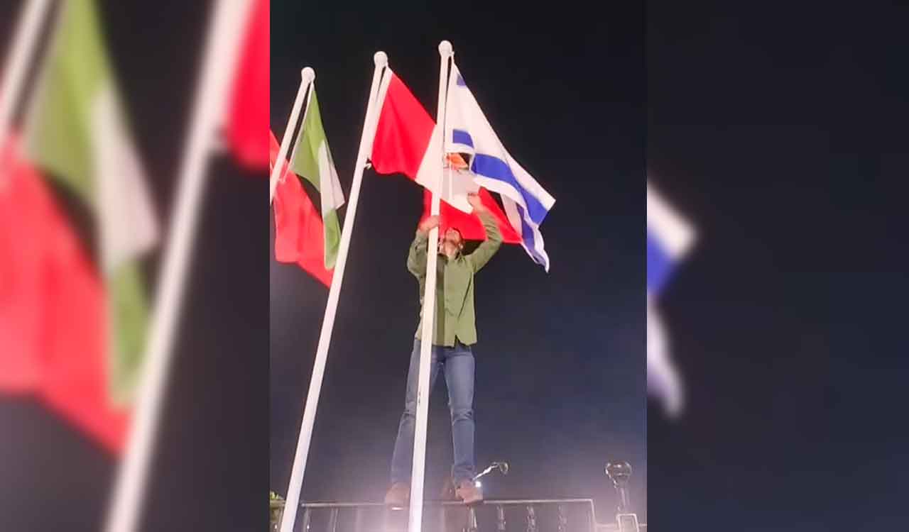 Watch: Youth arrested for removing Israel flag put up at Tank Bund in Hyderabad